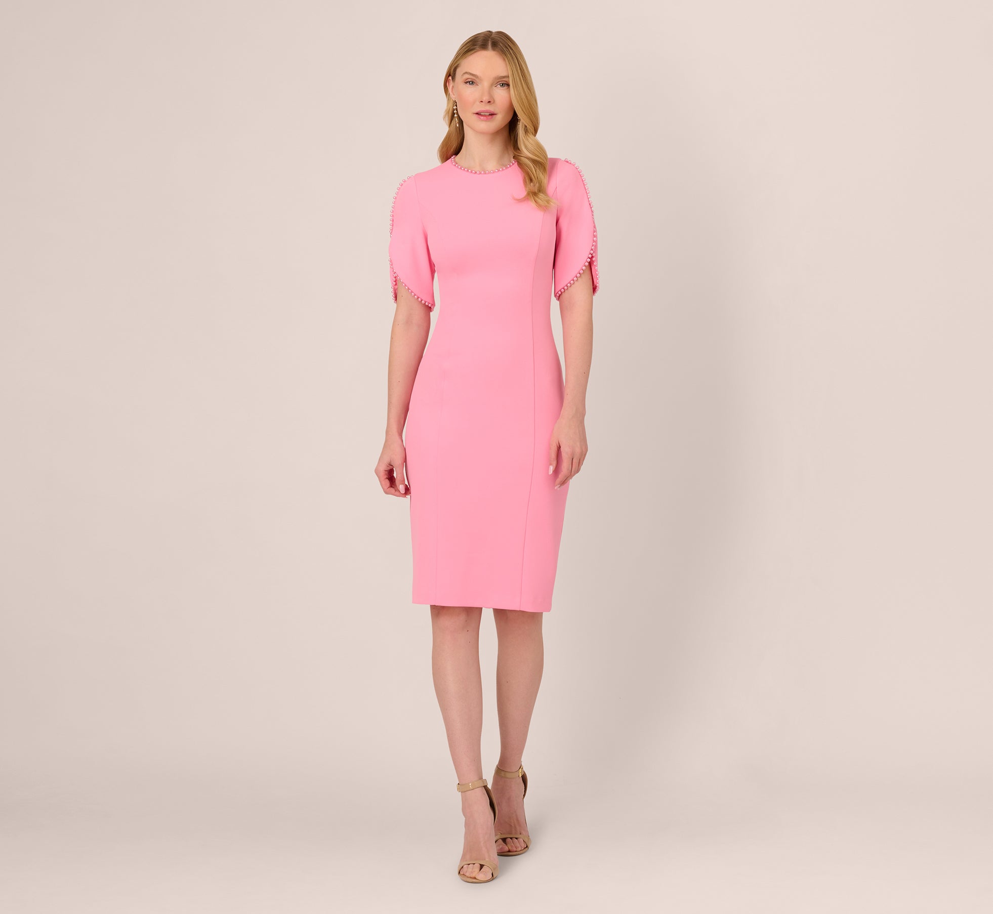 Crepe Midi Length Sheath Dress With Pearl Trimmed Sleeves In Cherry Blossom Crepe Midi Length Sheath Dress With Pearl Trimmed Sleeves In Cherry Blossom