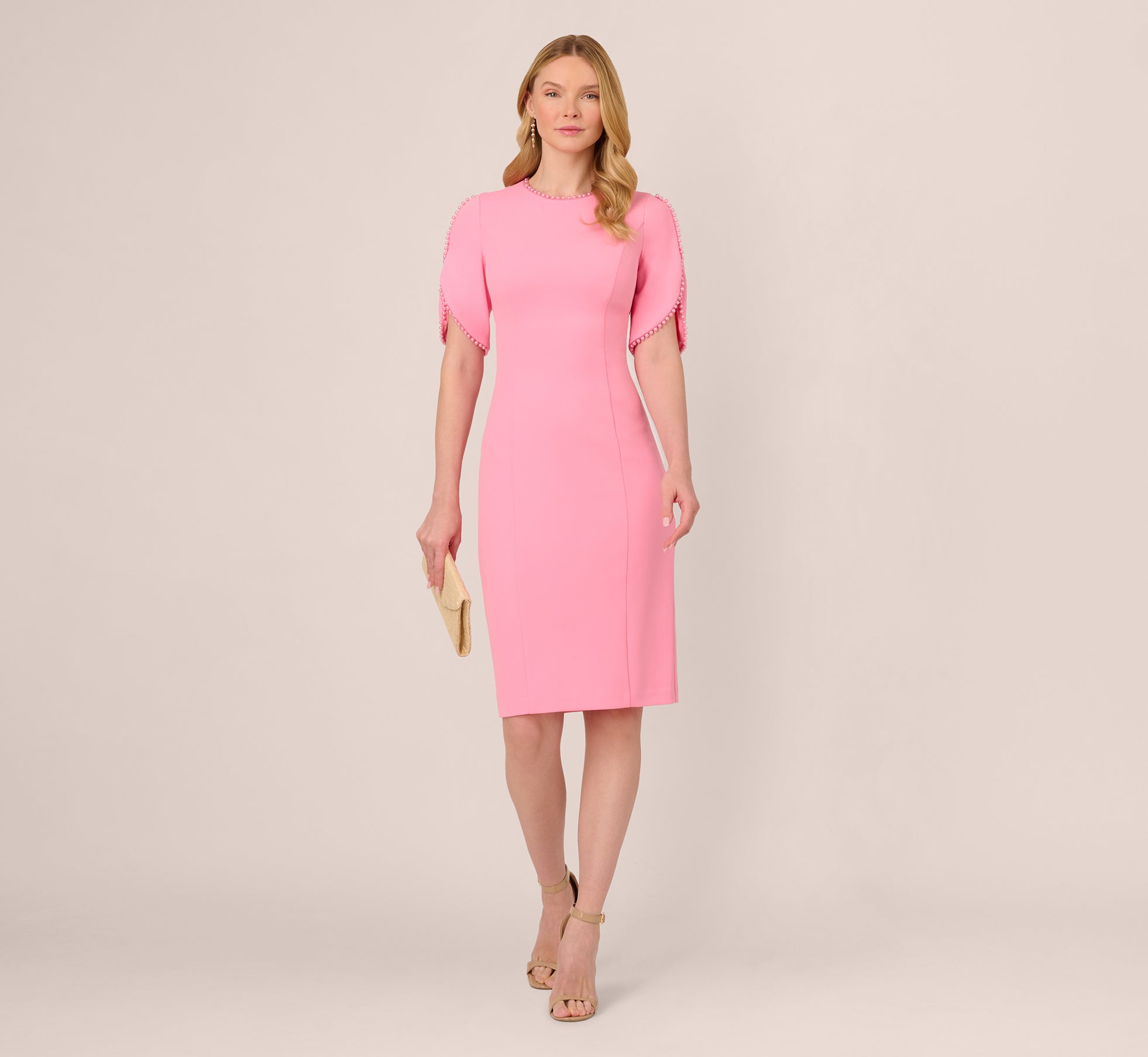 sheath midi dress Crepe Length With Pearl Trimmed Sleeves In Cherry Blossom feminine flair Floral Halter Midi Dress with