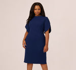 Plus Size Crepe Midi Length Sheath Dress With Pearl Trimmed Sleeves In Navy Sateen 1