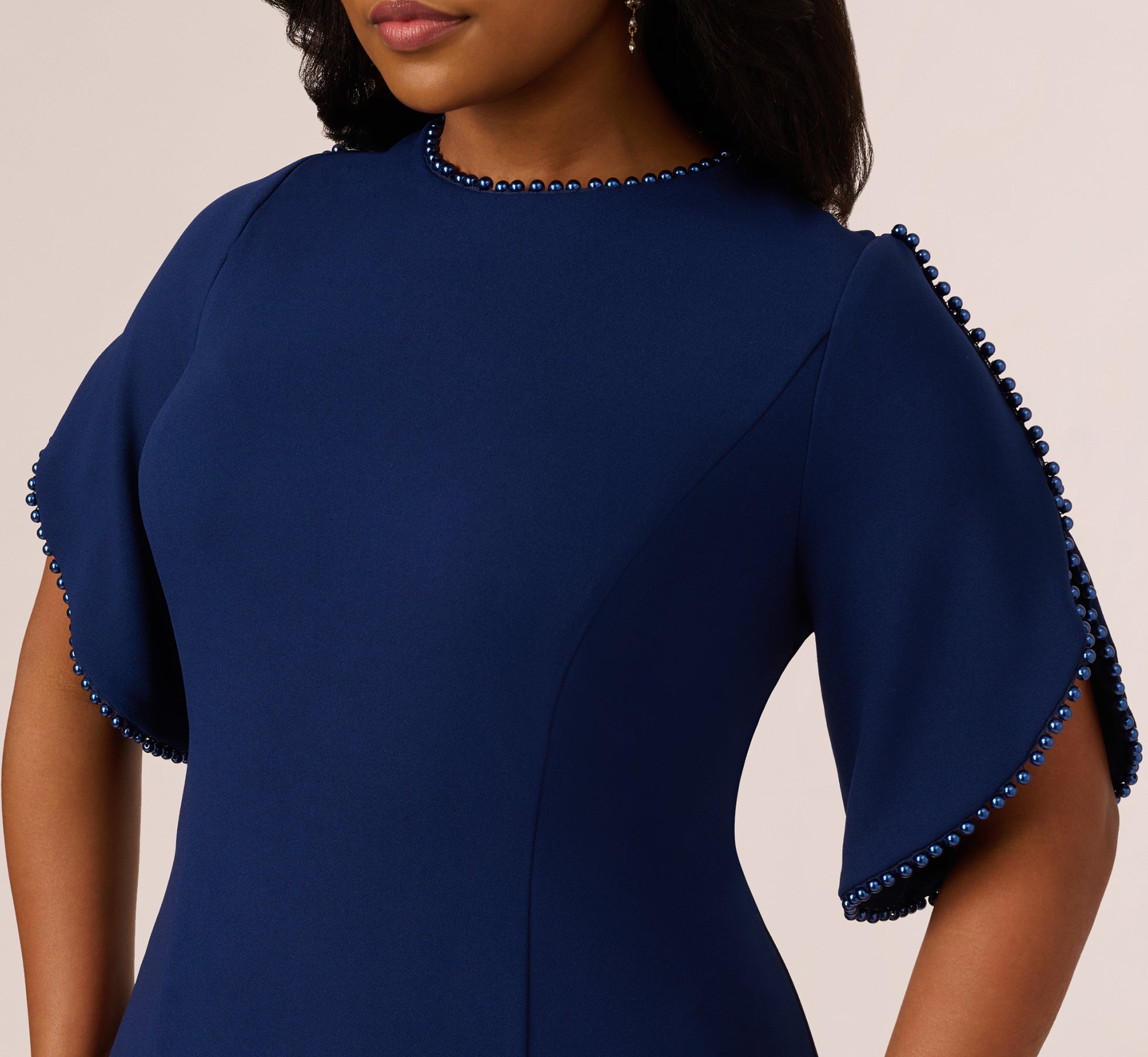 Navy Plus Size Crepe Midi Length Sheath Dress With Pearl Trimmed Sleeves Navy Plus Size Crepe Midi Length Sheath Dress With Pearl Trimmed Sleeves