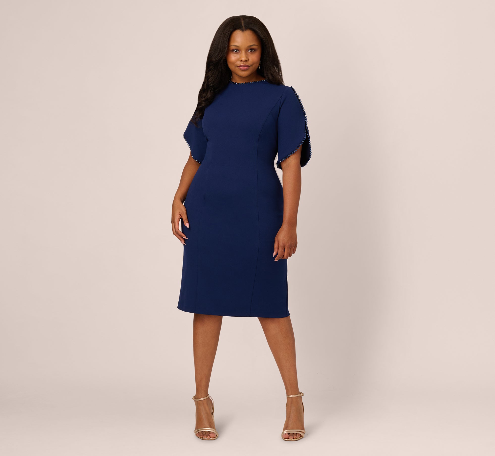 Plus Size Crepe Midi Length Sheath Dress With Pearl Trimmed Sleeves In