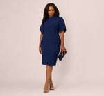 Plus Size Crepe Midi Length Sheath Dress With Pearl Trimmed Sleeves In Navy Sateen 2