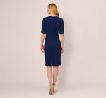 Crepe Midi Length Sheath Dress With Pearl Trimmed Sleeves In Navy Sateen 5