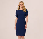 Crepe Midi Length Sheath Dress With Pearl Trimmed Sleeves In Navy Sateen 1