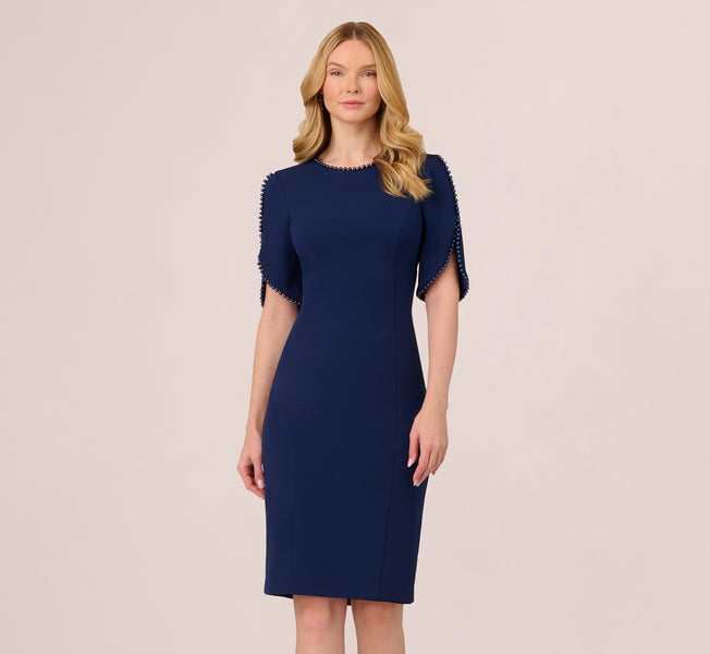 amy formal crepe faux pearl sleeve midi dress Navy Crepe Midi Length Sheath Dress With Pearl Trimmed Sleeves