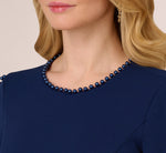 Crepe Midi Length Sheath Dress With Pearl Trimmed Sleeves In Navy Sateen 3