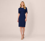 Crepe Midi Length Sheath Dress With Pearl Trimmed Sleeves In Navy Sateen 7