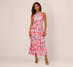 Sleeveless Floral Chiffon Halter Dress With Tie Waist In Ivory Multi 2
