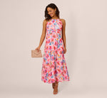 Sleeveless Floral Chiffon Halter Dress With Tie Waist In Ivory Multi 1