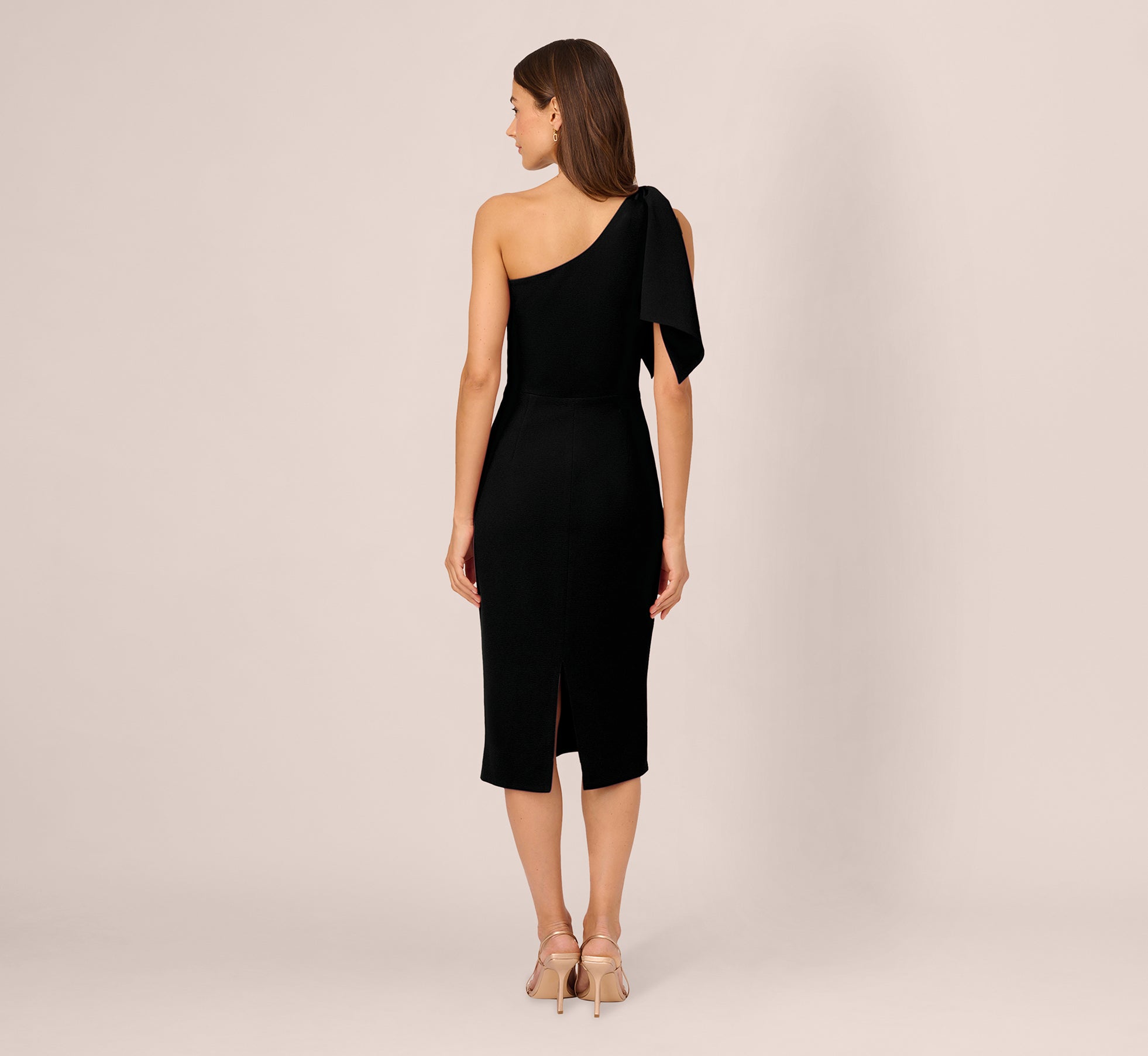 Black One Shoulder Midi Dress With Bow Accent - Adrianna Papell Black One Shoulder Midi Dress With Bow Accent - Adrianna Papell
