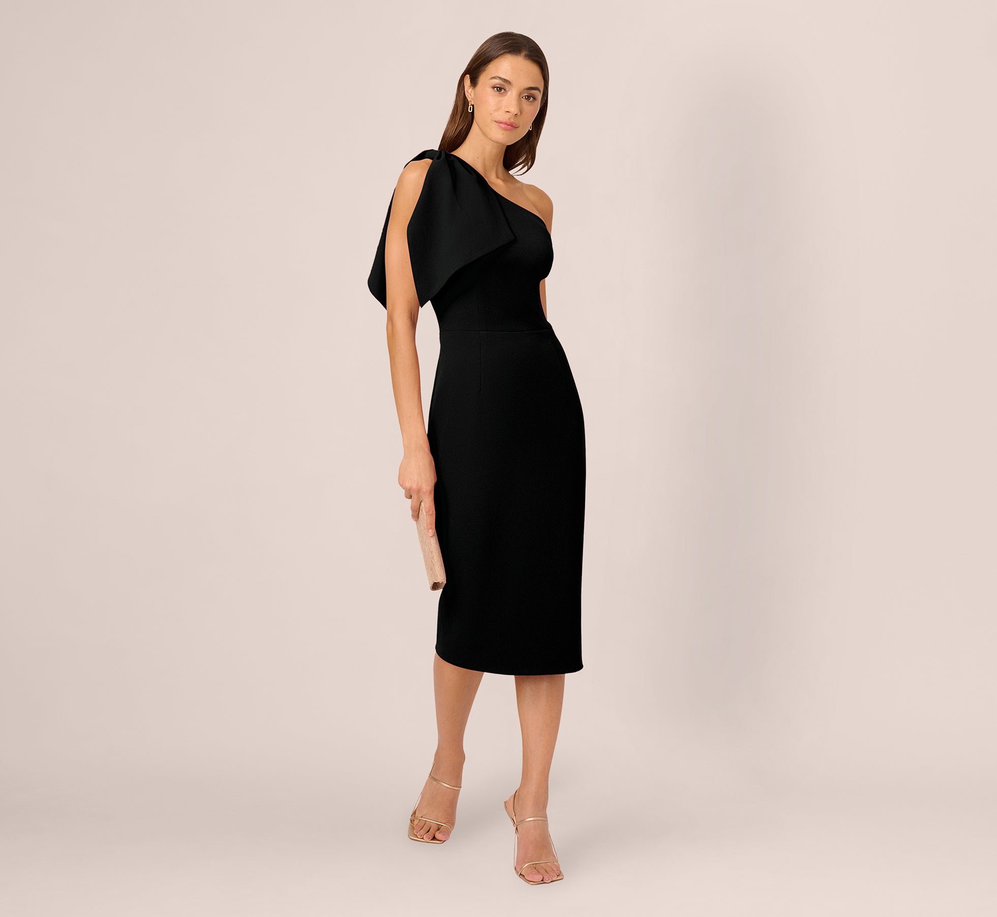 Black One Shoulder Midi Dress With Bow Accent - Adrianna Papell Black One Shoulder Midi Dress With Bow Accent - Adrianna Papell