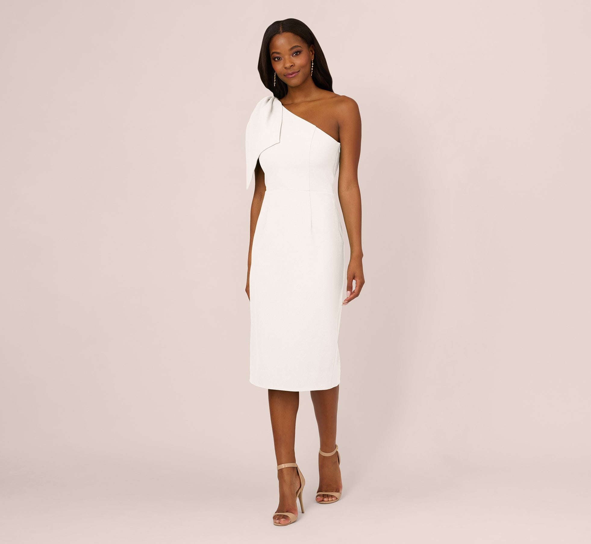 One Shoulder Midi Dress With Bow Accent In Ivory Adrianna Papell