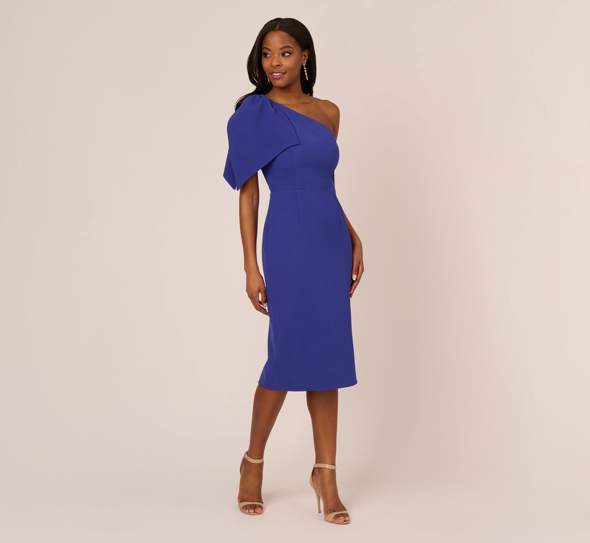 One Shoulder Midi Dress With Bow Accent In Disco Indigo - Adrianna Papell One Shoulder Midi Dress With Bow Accent In Disco Indigo - Adrianna Papell