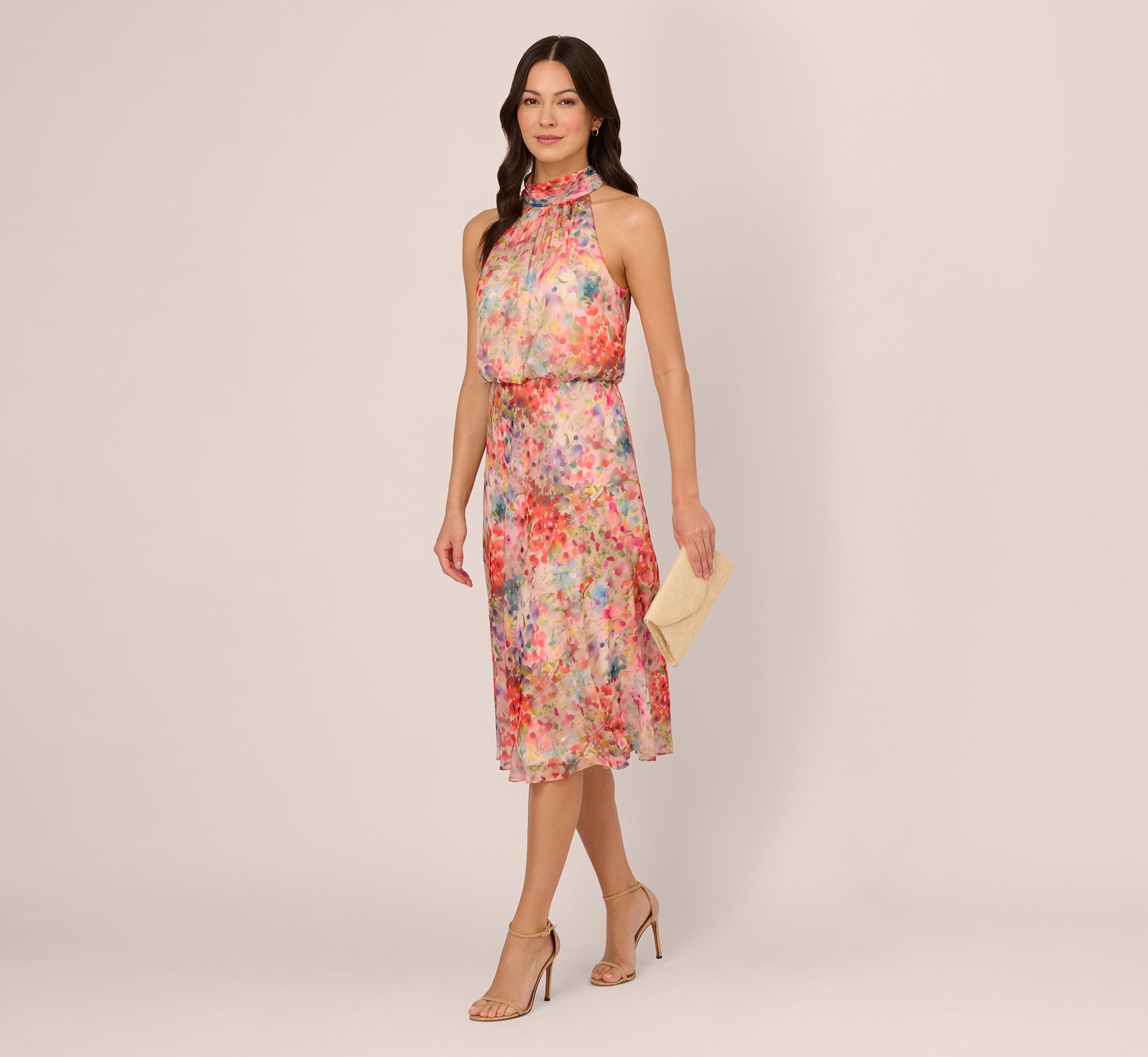 aidan mattox Floral Chiffon Halter Midi Dress With Blouson Bodice In Red Multi 2026 | Clothing aidan mattox Floral Chiffon Halter Midi Dress With Blouson Bodice In Red Multi 2026 | Clothing