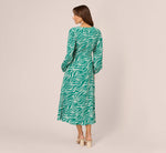 Printed Faux Wrap Dress With Bishop Long Sleeves In Green Ivory 6