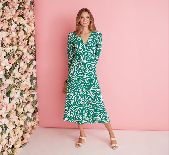 Printed Faux Wrap Dress With Bishop Long Sleeves In Green Ivory - Green/Ivory / Regular / 2 Printed Faux Wrap Dress With Bishop Long Sleeves In Green Ivory - Green/Ivory / Regular / 2