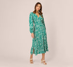 Printed Faux Wrap Dress With Bishop Long Sleeves In Green Ivory 3