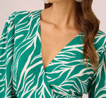 Printed Faux Wrap Dress With Bishop Long Sleeves In Green Ivory 4