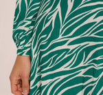 Printed Faux Wrap Dress With Bishop Long Sleeves In Green Ivory 5