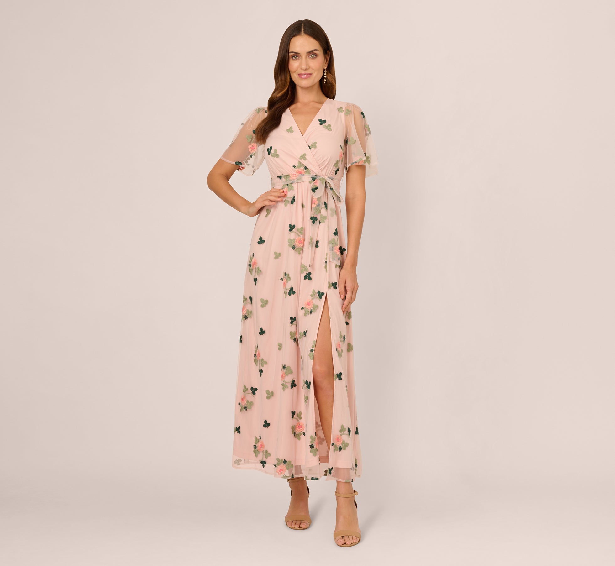 Floral Embroidered Maxi Dress with Sheer Flutter Sleeves in Blush Multi Floral Embroidered Maxi Dress with Sheer Flutter Sleeves in Blush Multi