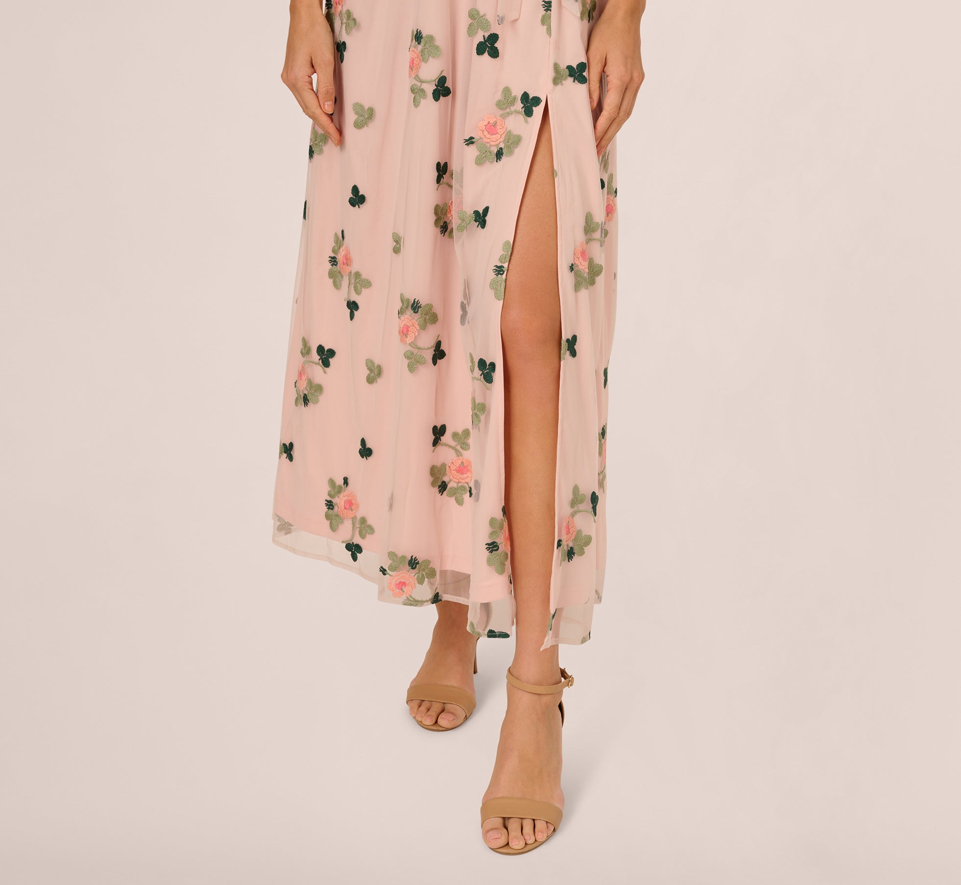 Blush Floral Embroidered Maxi Dress With Sheer Flutter Sleeves - Adrianna Papell Blush Floral Embroidered Maxi Dress With Sheer Flutter Sleeves - Adrianna Papell