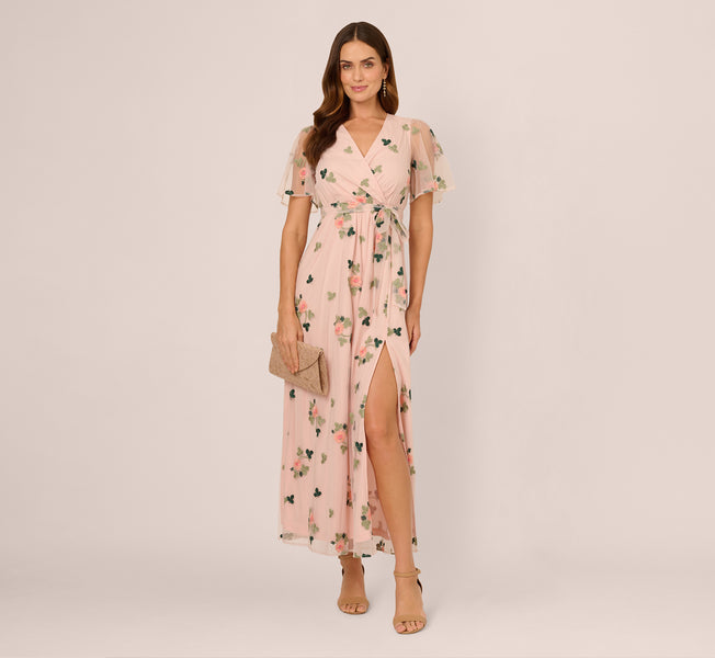 Floral Embroidered Maxi Dress With Sheer Flutter Sleeves In Blush Multi