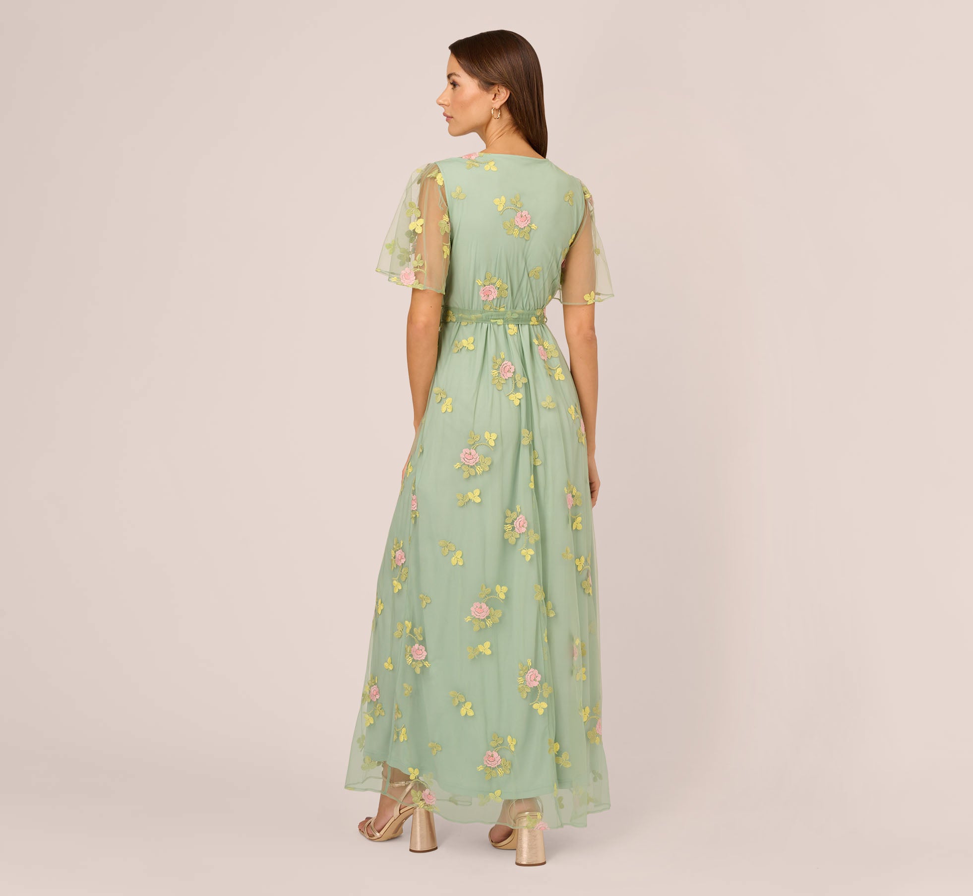 Floral Embroidered Maxi Dress With Sheer Flutter Sleeves In Sage Multi Floral Embroidered Maxi Dress With Sheer Flutter Sleeves In Sage Multi