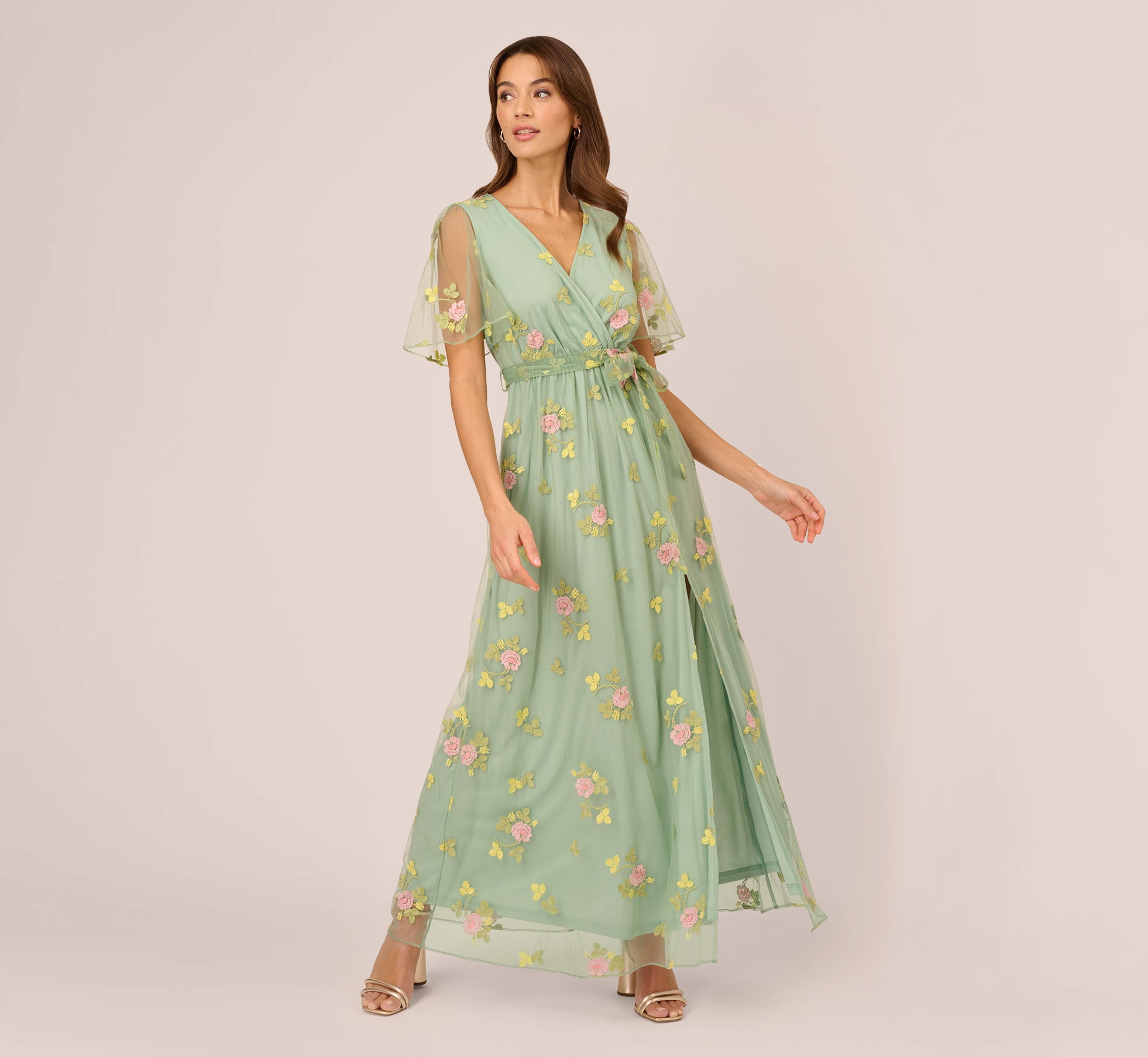 Floral Embroidered Maxi Dress With Sheer Flutter Sleeves In Sage Multi Floral Embroidered Maxi Dress With Sheer Flutter Sleeves In Sage Multi