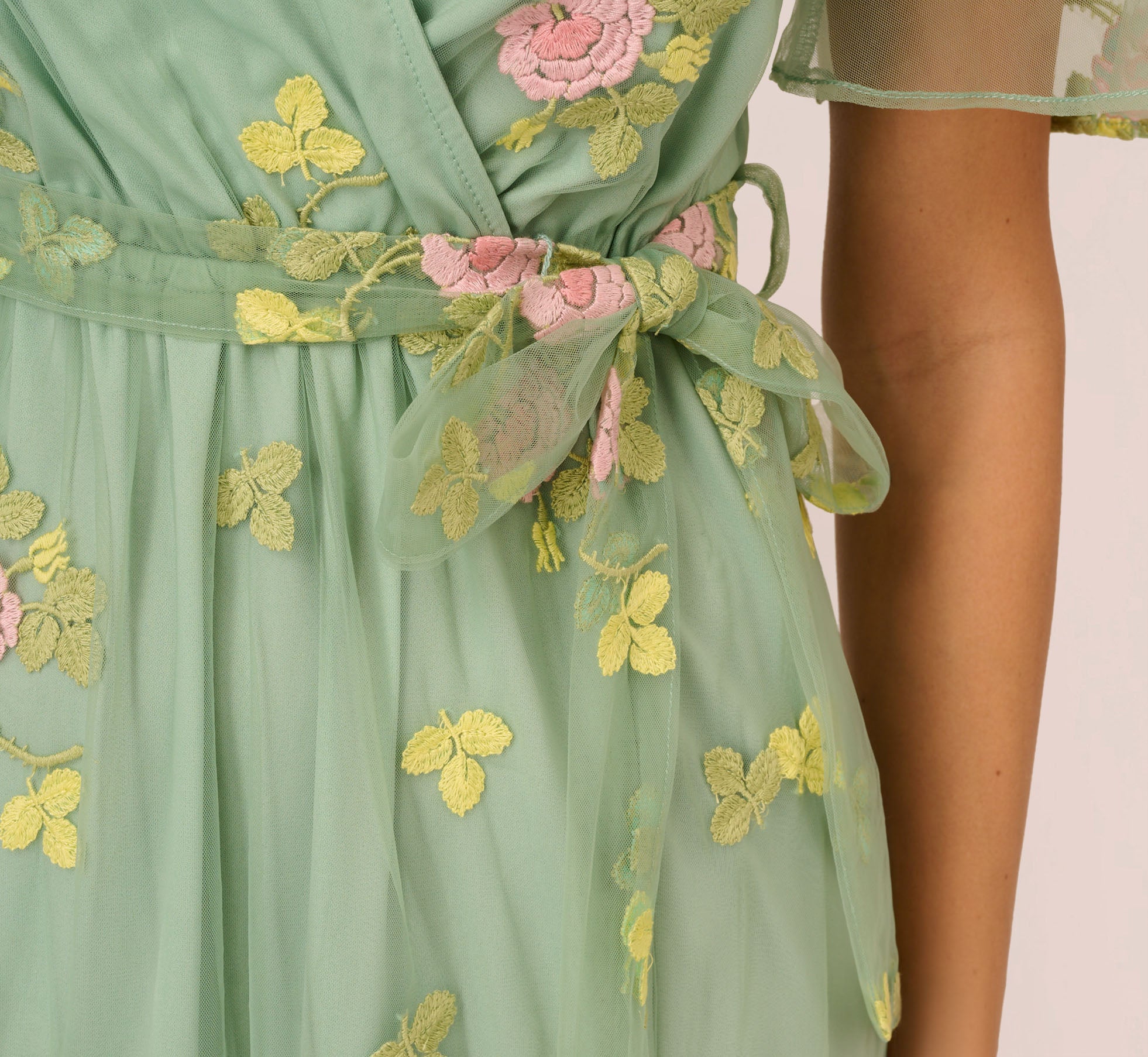 Green Floral Embroidered Maxi Dress With Sheer Flutter Sleeves - Adrianna Papell Green Floral Embroidered Maxi Dress With Sheer Flutter Sleeves - Adrianna Papell