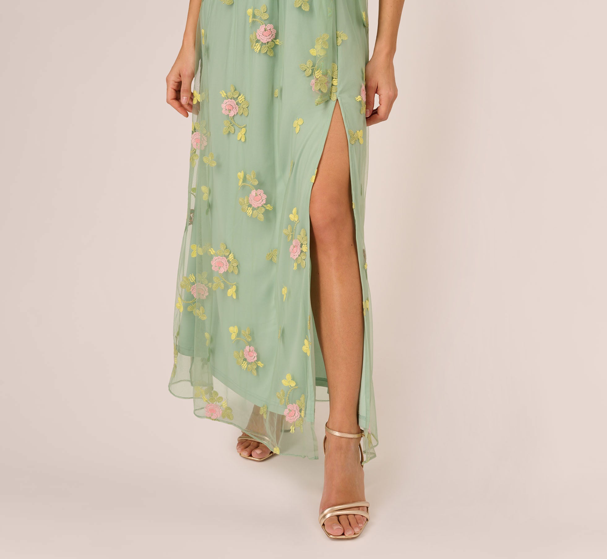 Green Floral Embroidered Maxi Dress With Sheer Flutter Sleeves - Adrianna Papell Green Floral Embroidered Maxi Dress With Sheer Flutter Sleeves - Adrianna Papell