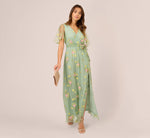 Floral Embroidered Maxi Dress With Sheer Flutter Sleeves In Sage Multi 1