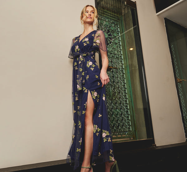 Floral Embroidered Maxi Dress With Sheer Flutter Sleeves In Navy