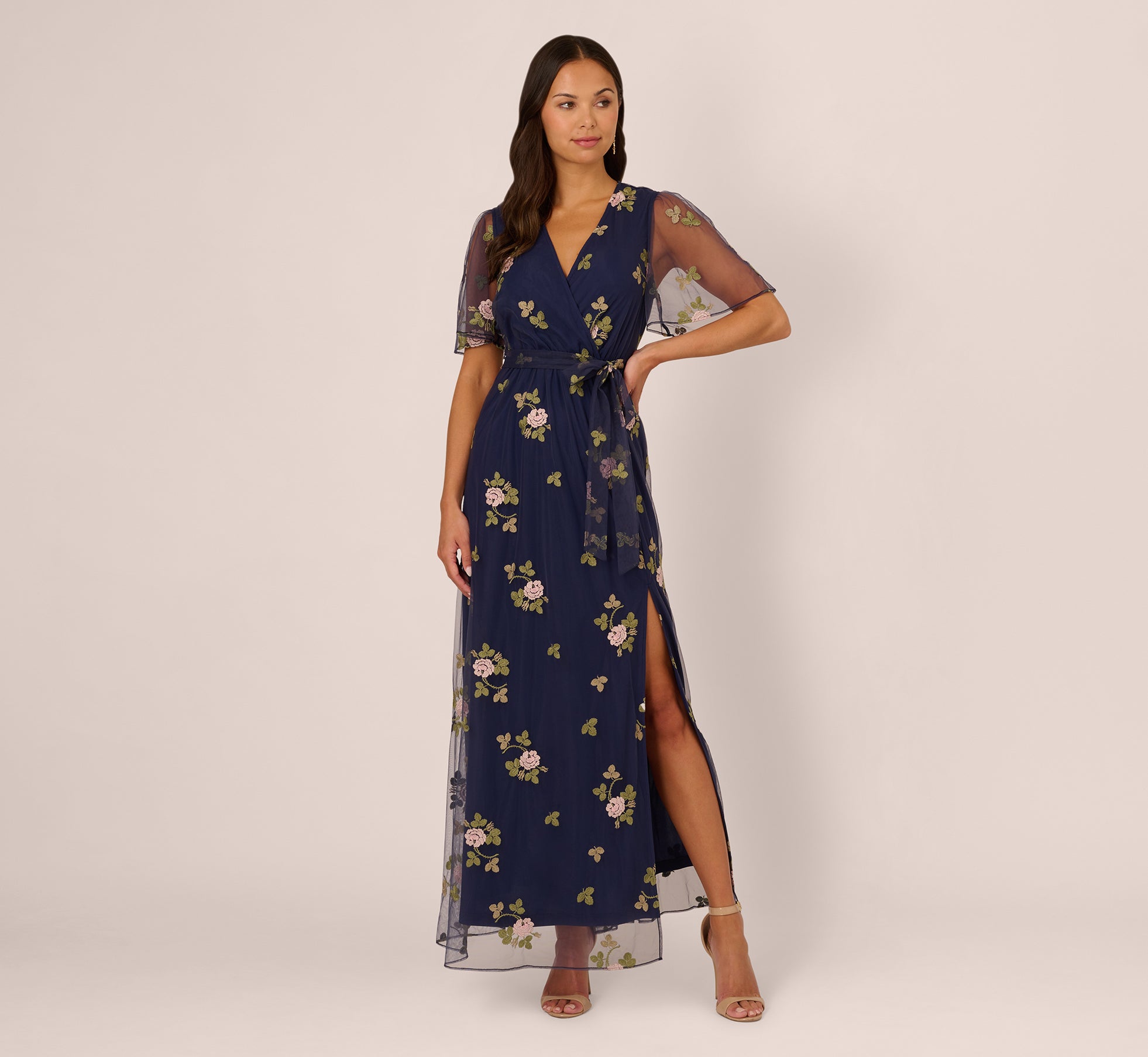 Navy Multi Floral Embroidered Maxi Dress With Sheer Flutter Sleeves - Adrianna Papell Navy Multi Floral Embroidered Maxi Dress With Sheer Flutter Sleeves - Adrianna Papell