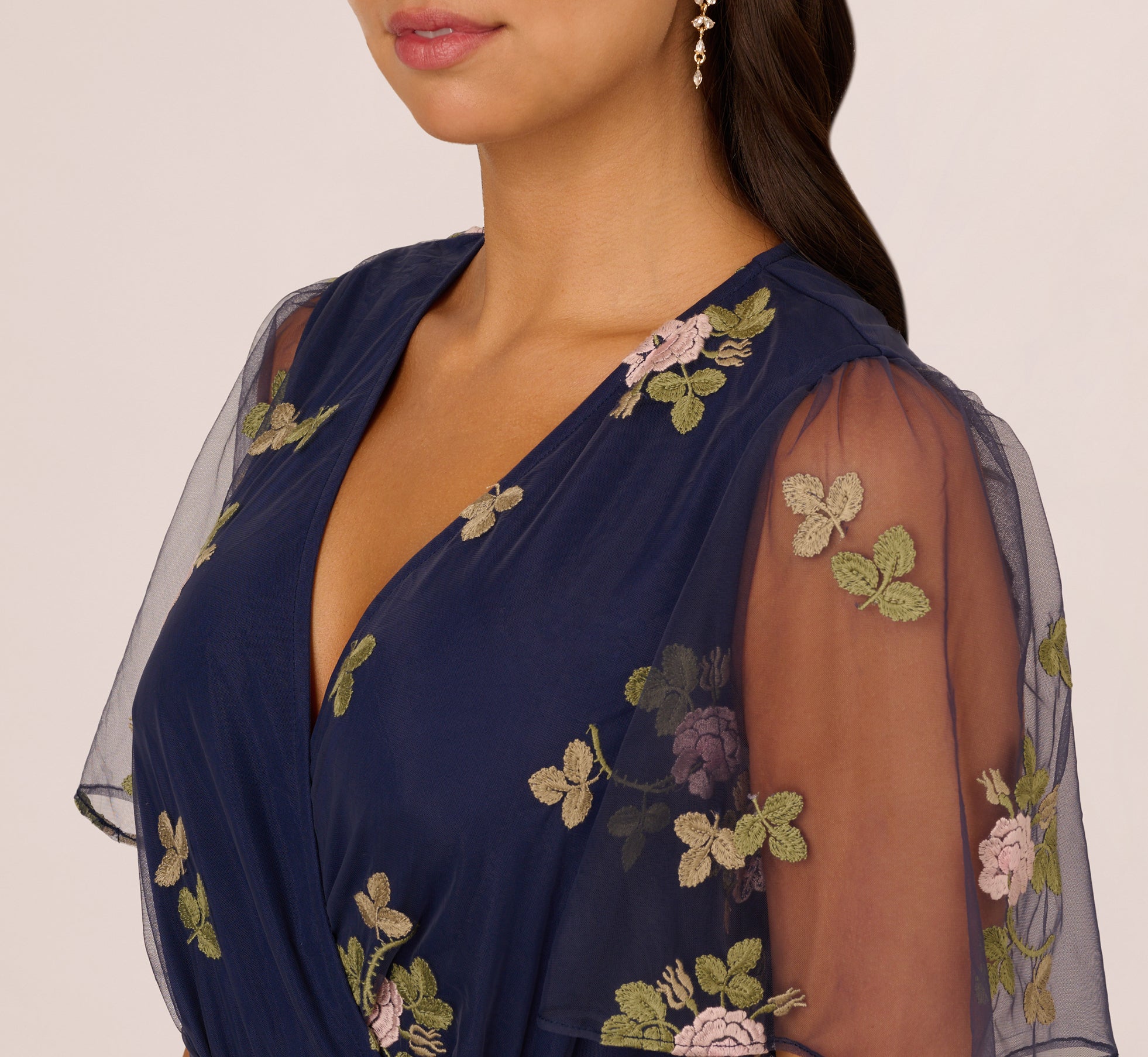 Navy Floral Embroidered Maxi Dress With Sheer Flutter Sleeves - Adrianna Papell Navy Floral Embroidered Maxi Dress With Sheer Flutter Sleeves - Adrianna Papell