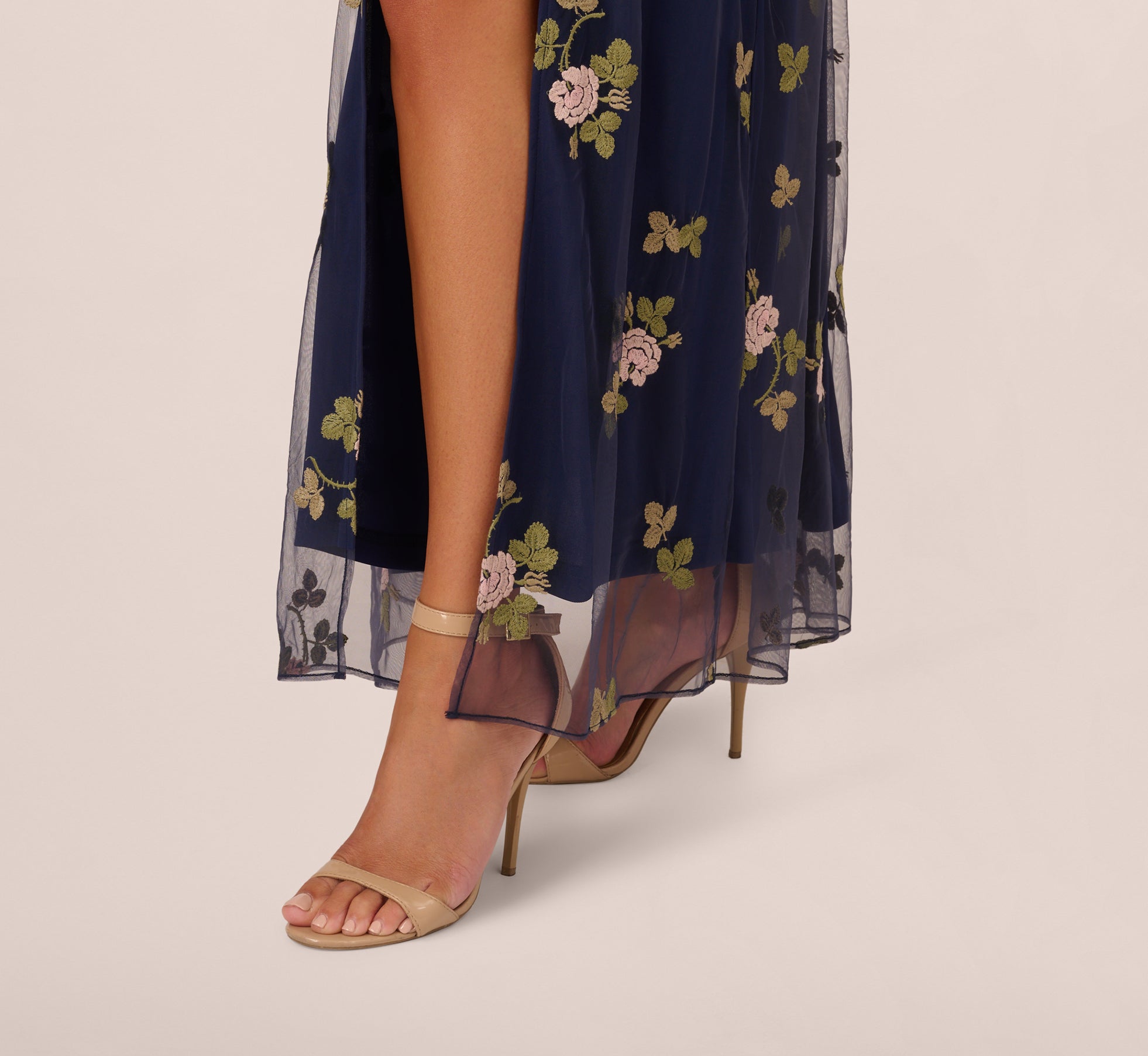 Navy Floral Embroidered Maxi Dress With Sheer Flutter Sleeves - Adrianna Papell Navy Floral Embroidered Maxi Dress With Sheer Flutter Sleeves - Adrianna Papell