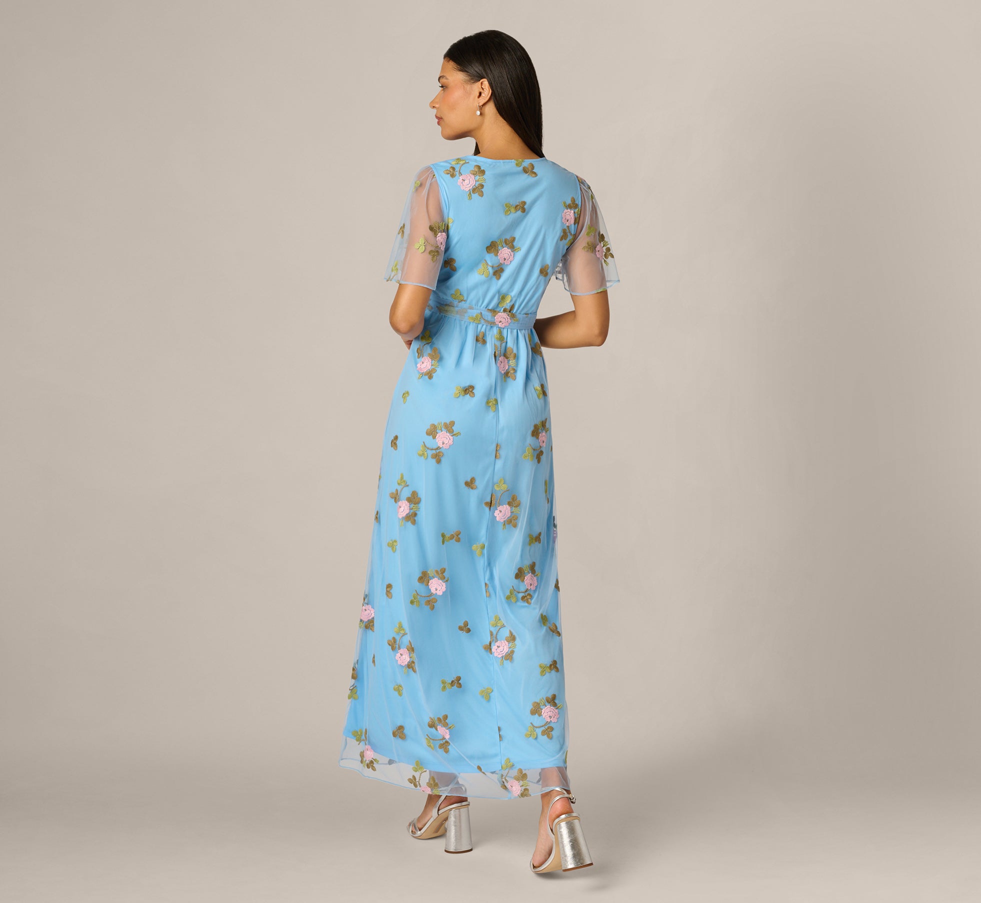Floral Embroidered Maxi Dress With Sheer Flutter Sleeves In Light Blue Multi