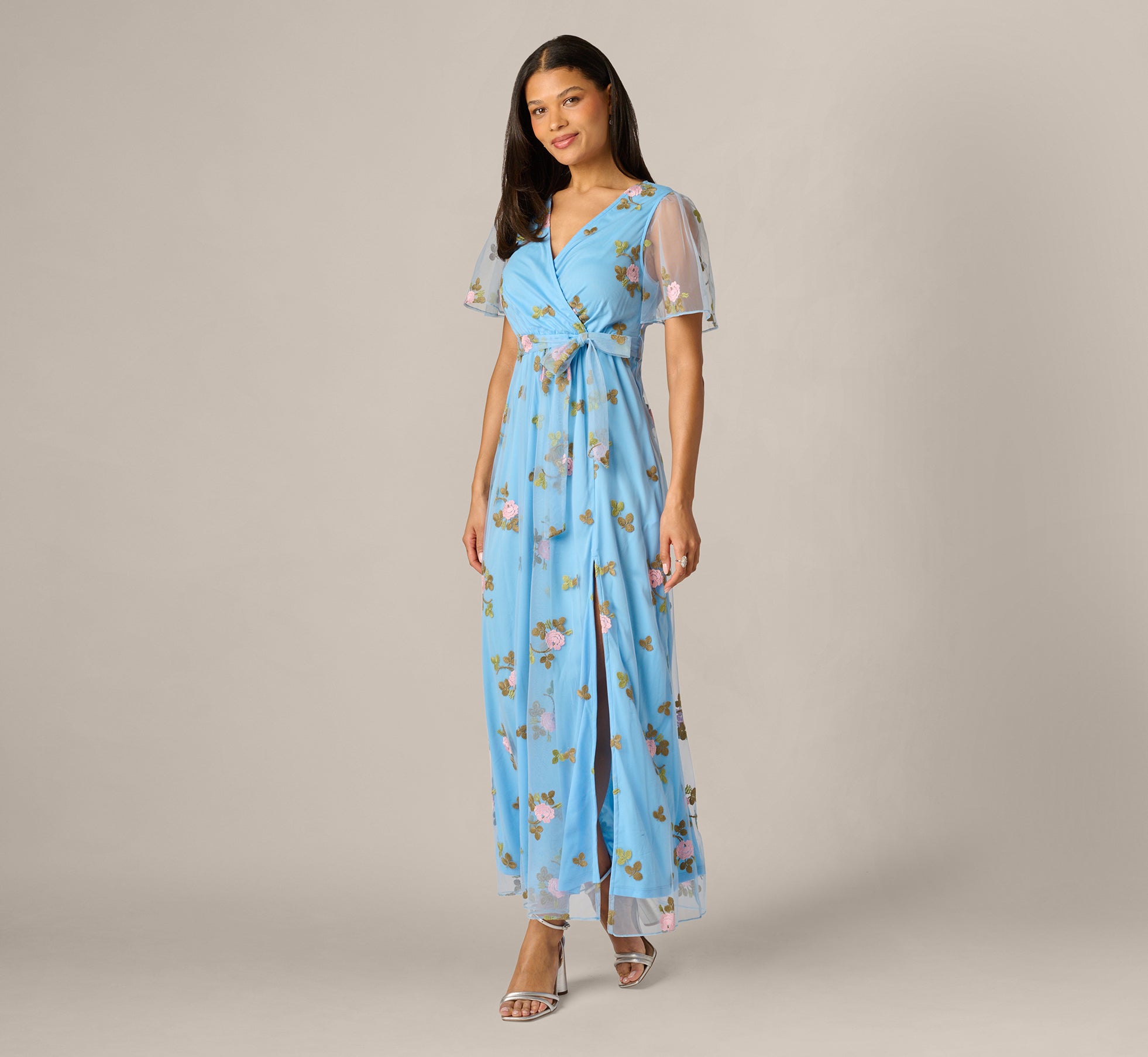 Floral Embroidered Maxi Dress With Sheer Flutter Sleeves In Light Blue Multi