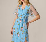 Floral Embroidered Maxi Dress With Sheer Flutter Sleeves In Light Blue Multi 3