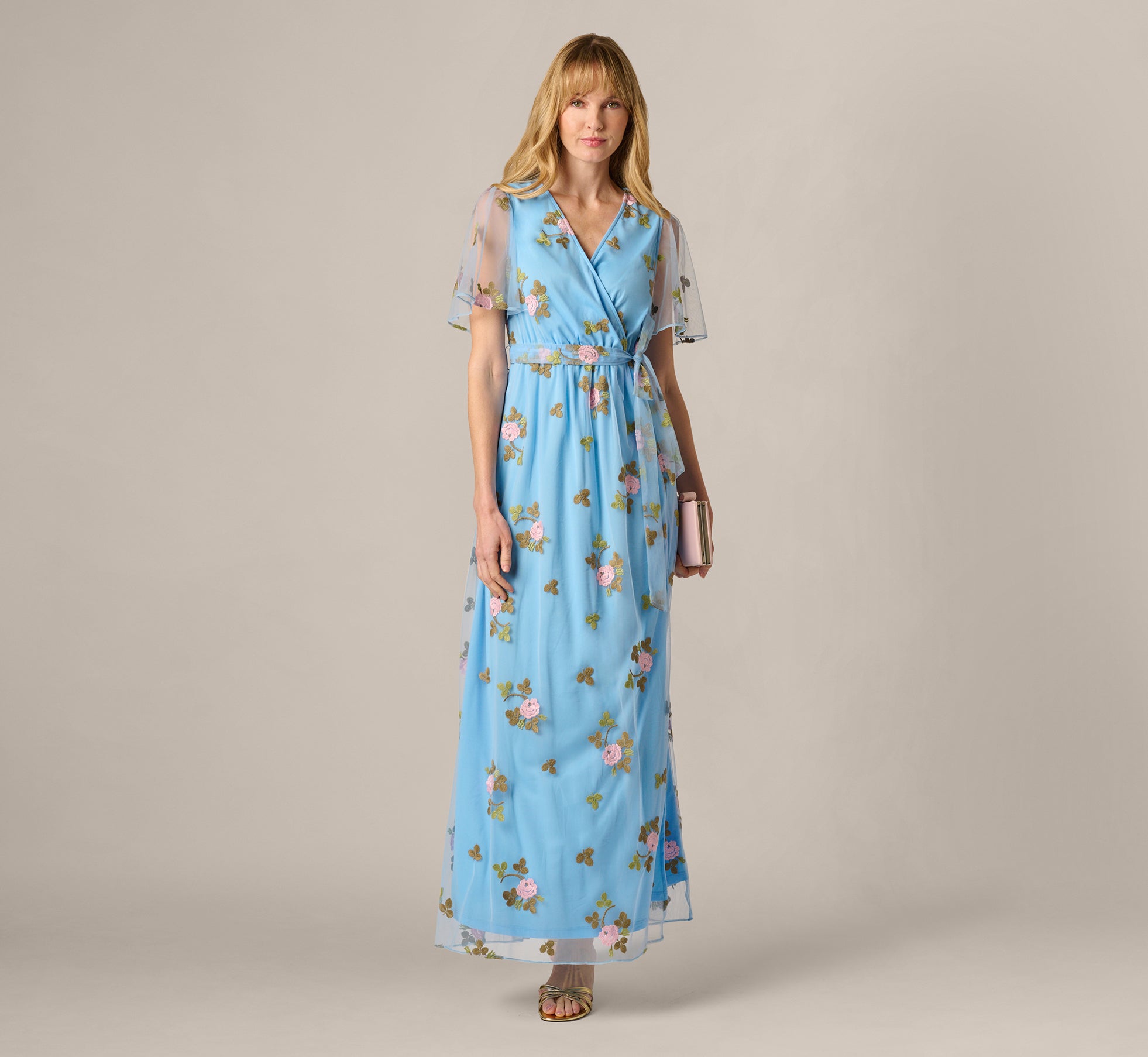 Floral Embroidered Maxi Dress With Sheer Flutter Sleeves In Light Blue Multi 1
