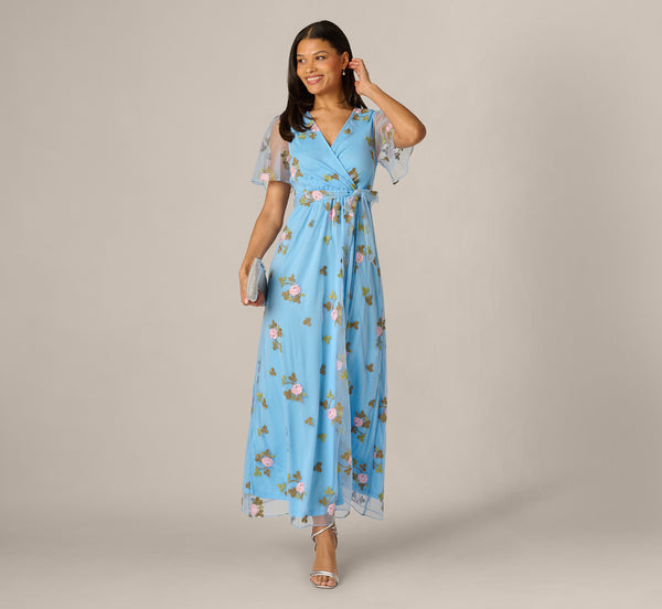 Adrianna Papell Floral Embroidered Maxi Dress With Flutter Sleeves - Light Blue Multi Adrianna Papell Floral Embroidered Maxi Dress With Flutter Sleeves - Light Blue Multi