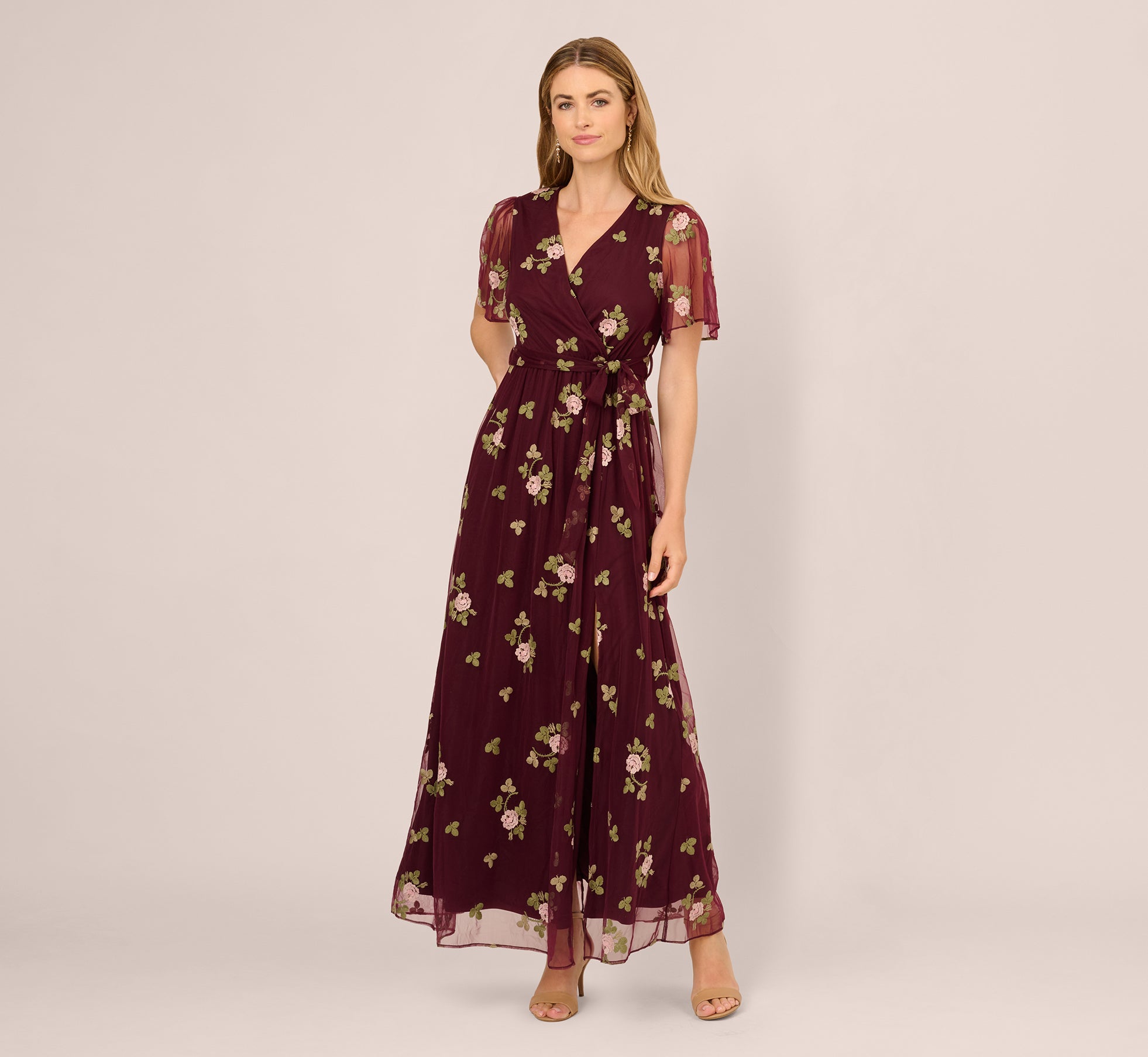 Floral Embroidered Maxi Dress With Sheer Flutter Sleeves In Burgundy M