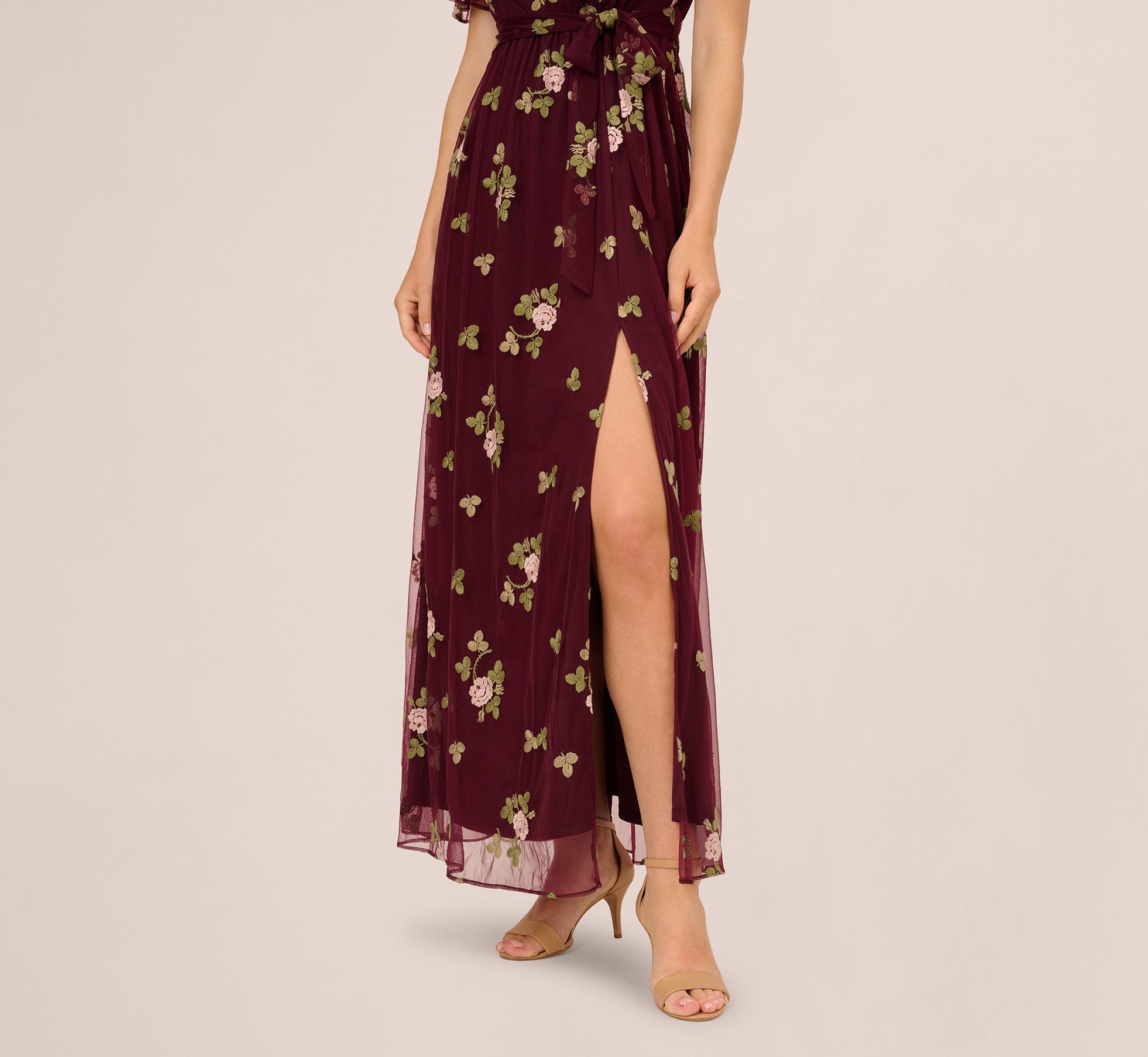 RED Floral Embroidered Maxi Dress With Sheer Flutter Sleeves - Adrianna Papell RED Floral Embroidered Maxi Dress With Sheer Flutter Sleeves - Adrianna Papell