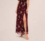 Floral Embroidered Maxi Dress With Sheer Flutter Sleeves In Burgundy Multi 3