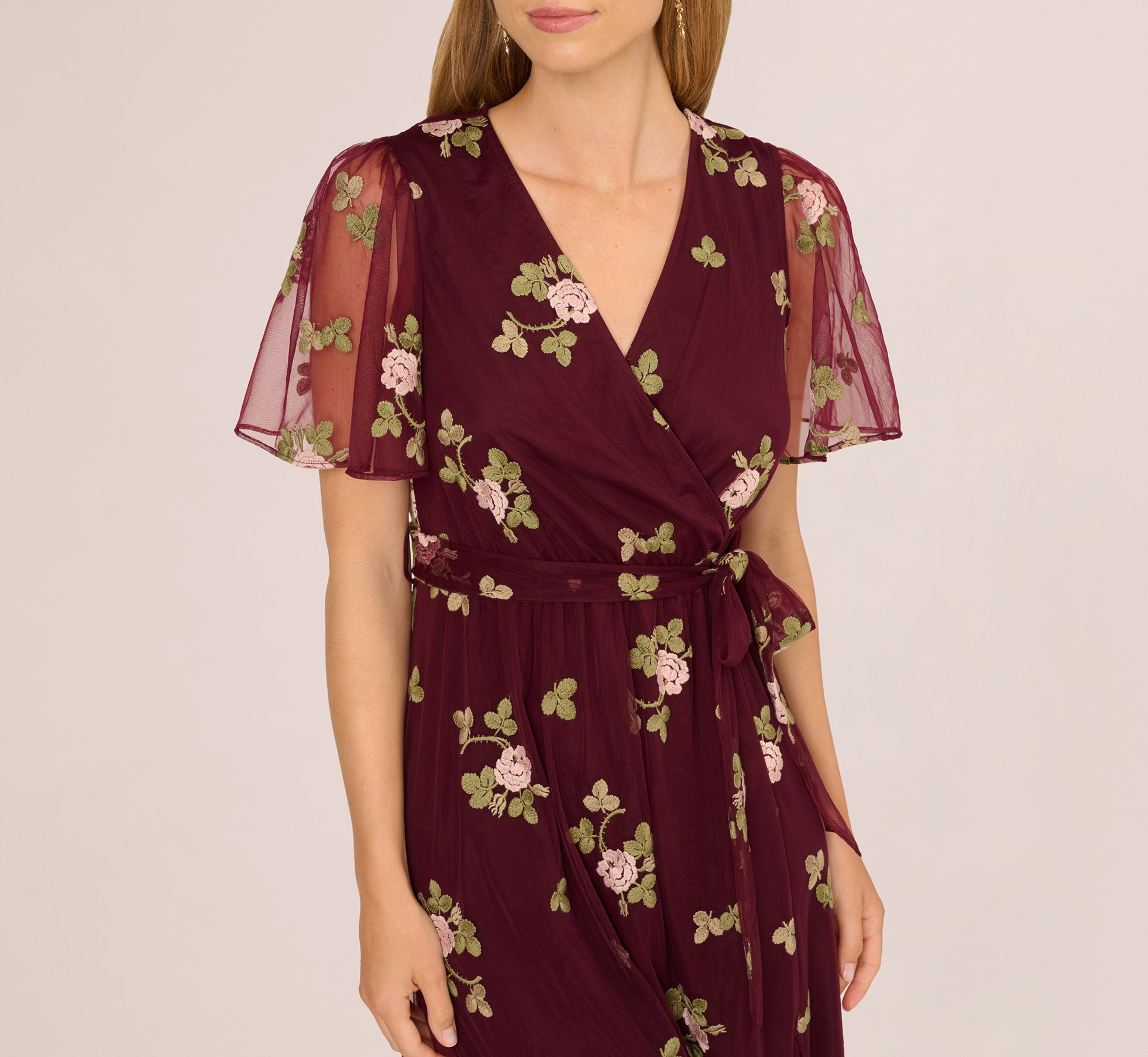 RED Floral Embroidered Maxi Dress With Sheer Flutter Sleeves - Adrianna Papell RED Floral Embroidered Maxi Dress With Sheer Flutter Sleeves - Adrianna Papell