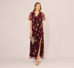 Floral Embroidered Maxi Dress With Sheer Flutter Sleeves In Burgundy Multi 1