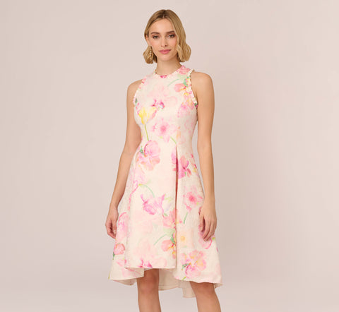 Floral Jacquard High Low Halter Dress With Ruffle Trim In Pink 