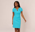 Short Sleeve Draped Midi Dress With Notched Neckline In Azure Blue 2