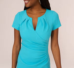 Short Sleeve Draped Midi Dress With Notched Neckline In Azure Blue 3