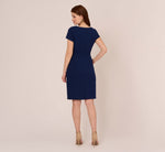 Short Sleeve Draped Midi Dress With Notched Neckline In Navy Sateen 5
