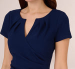 Short Sleeve Draped Midi Dress With Notched Neckline In Navy Sateen 3